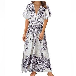 LYANER Women's Floral Boho Deep V Neck Batwing Short Sleeve High Waist dress